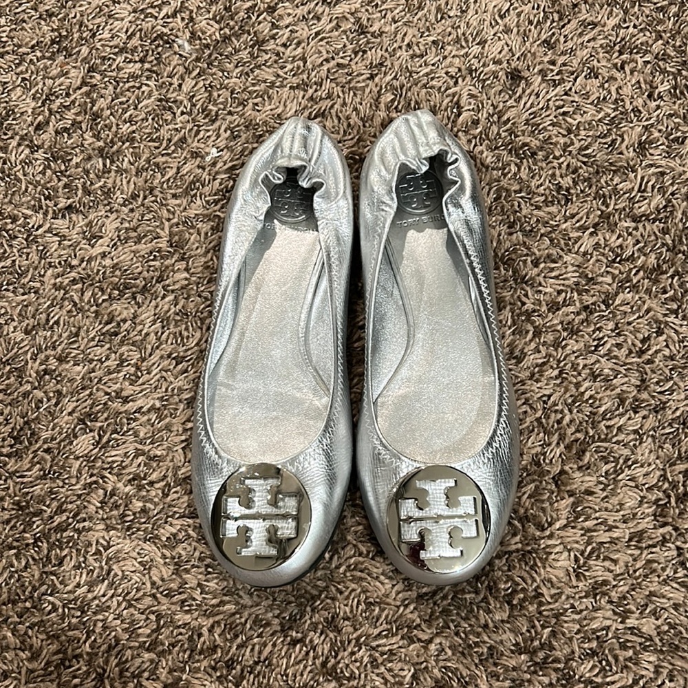 Metallic Silver Tory Burch Flats